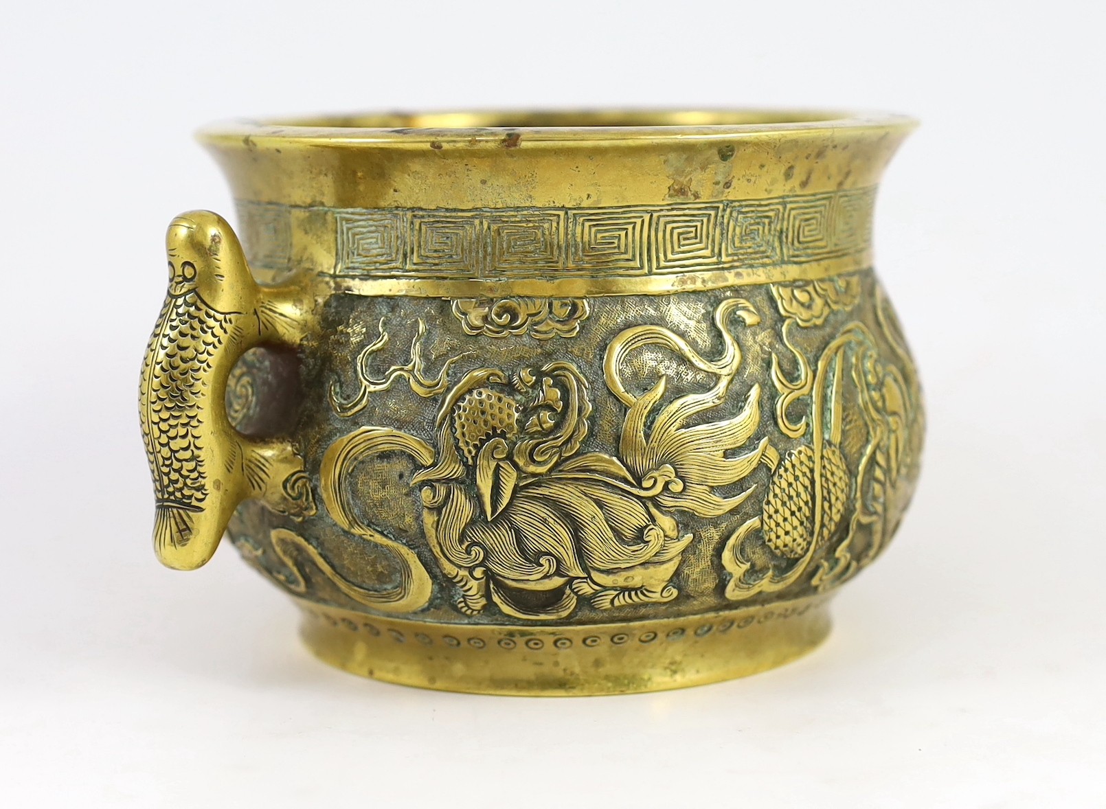 A Chinese polished bronze ‘Buddhist lion’ censer, gui, 19th century, 19.5cm wide, rim diameter 14cm